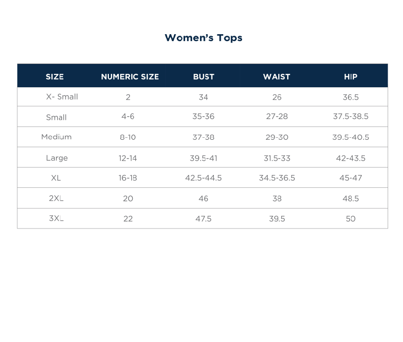 Grass Valley Addison Polo Ladies size chart